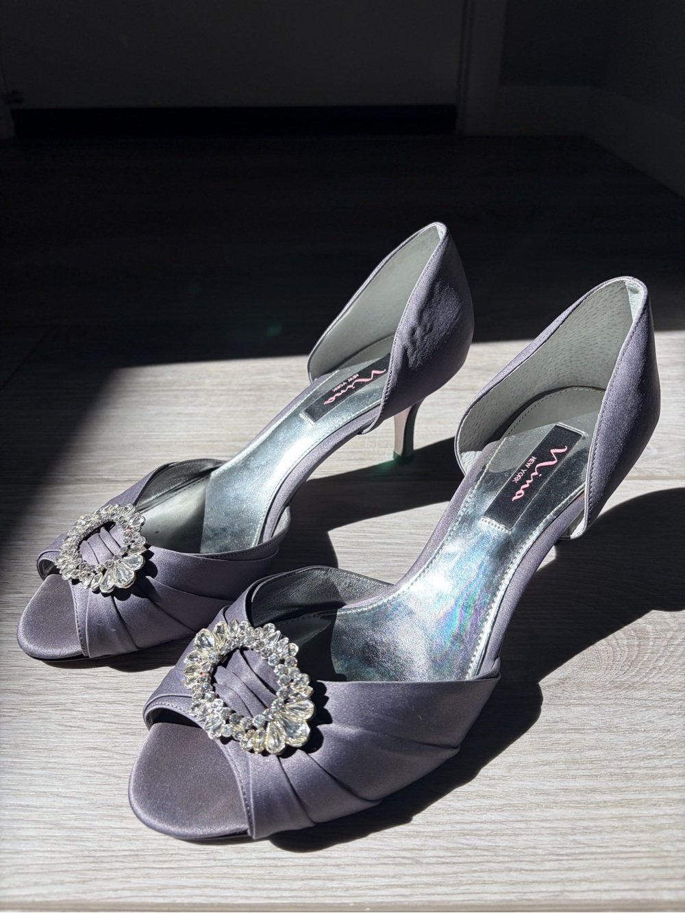 Nina Lavender Satin Open-Toe Heels with Crystal Buckle